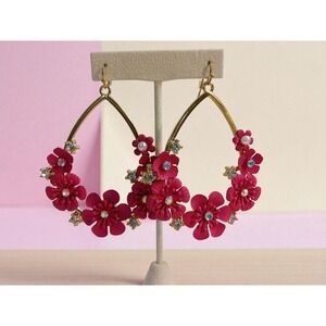 Natasha Gold Tone Hoop Earrings with Pink Floral Accents and Rhinestones
